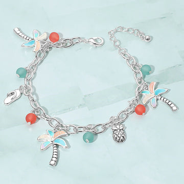 Madeline Love Antique Silver, Multi Tropical Palm Tree Flip Flop Pineapple Beads Charm Bracelet - Bracelets