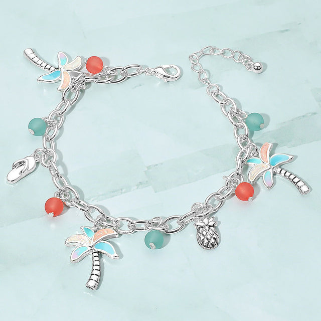 Madeline Love Antique Silver, Multi Tropical Palm Tree Flip Flop Pineapple Beads Charm Bracelet - Bracelets