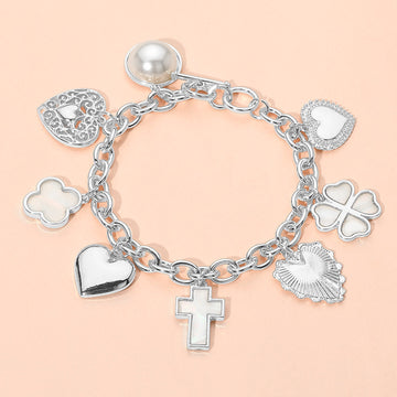 Madeline Love Silver Metal Heart Pearl Clover Cross Charm Station Bracelet - Bracelets