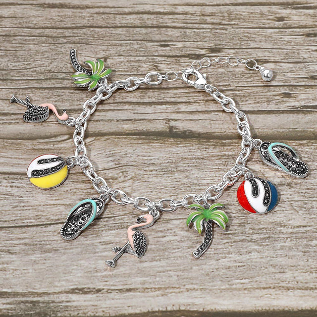 Madeline Love Antique Silver, Multi Fun Tropical Palm Tree Flamingo Flip Flop Beach Ball Charm Station Bracelet - Bracelets