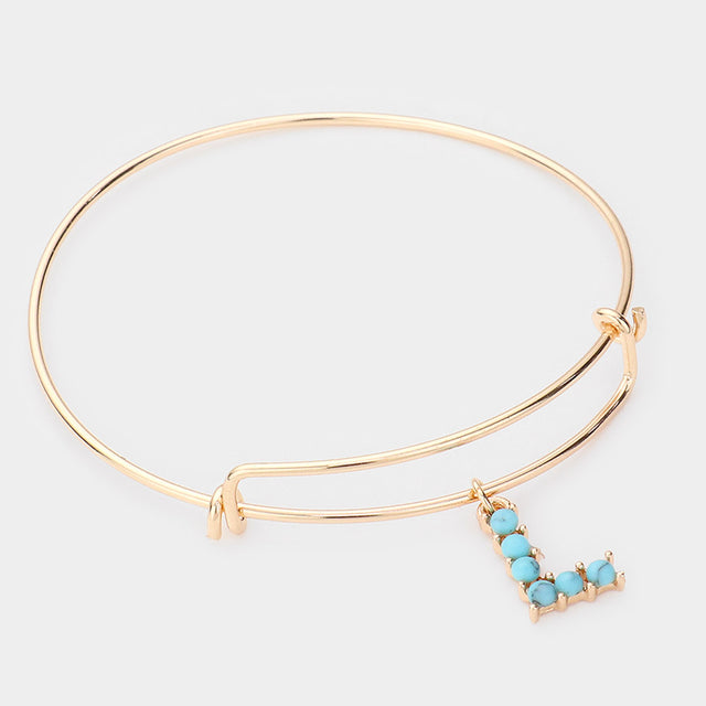 Madeline Love Gold -L- Turquoise Embellished Initial Monogram Charm Bracelet - Bracelets