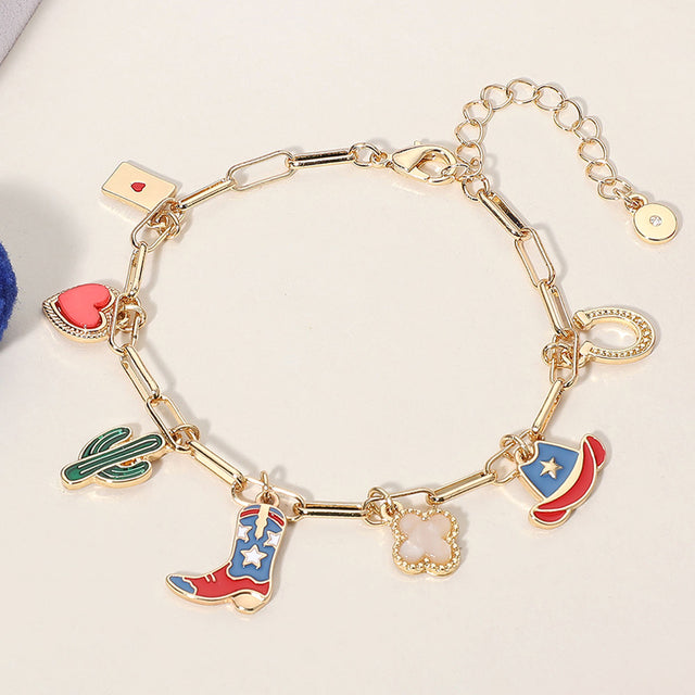 Madeline Love Blue, Gold Enamel American USA Flag Western Cowboy Boot Hat cactus Heart Horseshoe Quatrefoil Charm Station Bracelet - Bracelets