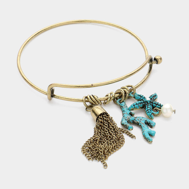 Gold Burnished, Turquoise Metal Chain Tassel & Starfish Pearl Coral Charm Hook Bracelet