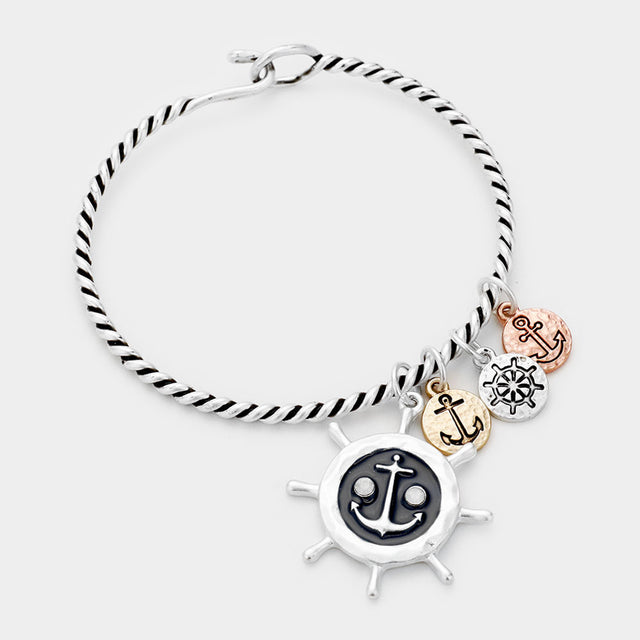 Three Tone Anchor Ship Heel Charm Hook Bracelet