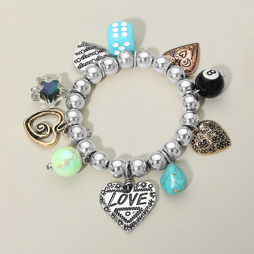 Love Heart Star Charm Beaded Stretch Bracelet - Three Tone