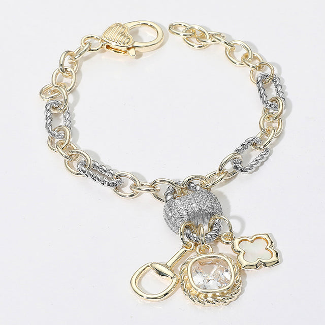 Madeline Love Two Tone 14K Gold Plated CZ Stone Mother of Pearl Clover Horsebit Charm Accent Mixed Chain Bracelet