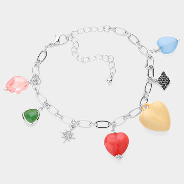 Heart Bead Rhinestone Embellished North Star Charm Station Bracelet - Rhodium - Bracelets
