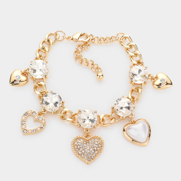 Pearl Stone Embellished Heart Charm Bracelet