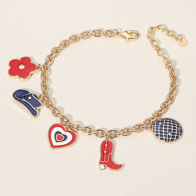 Madeline Love Gold, Multi Enamel American USA Western Cowboy Boot Hat Heart Flower Charm Station Bracelet - Bracelets