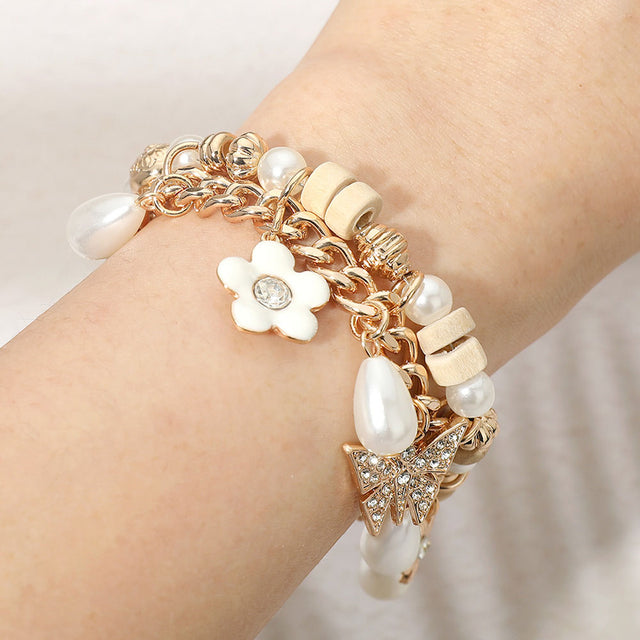 Madeline Love Cream, Gold, Neutral Rhinestone Pave Leaf Flower Pearl Charm Wooden Beaded Bracelet - Bracelets