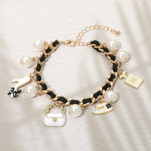 Madeline Love Black, Cream, Gold Fashion Pearl Charm Station Bracelet - Bracelets