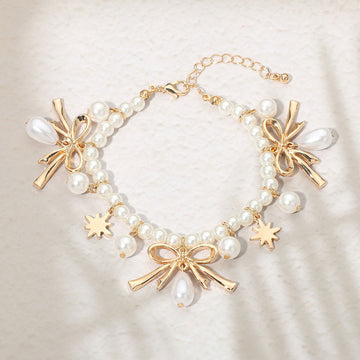 Madeline Love Cream, Gold Bow CHarm Pearl Beaded Bracelet - Bracelets