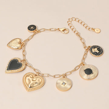 Madeline Love Black, Matte gold Enamel Heart Coin Medallion Charm Station Paperclip Chain Bracelet - Bracelets