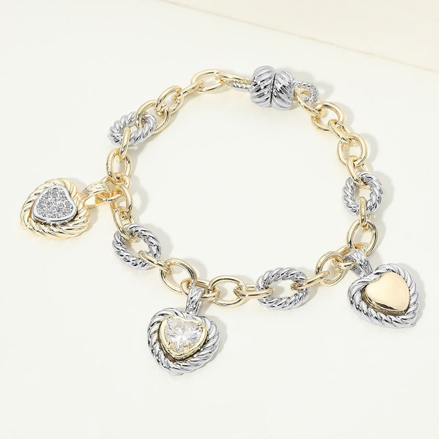 Madeline Love Two Tone 14K Gold Plated Two Tone CZ Heart Charm Station Magnetic Bracelet