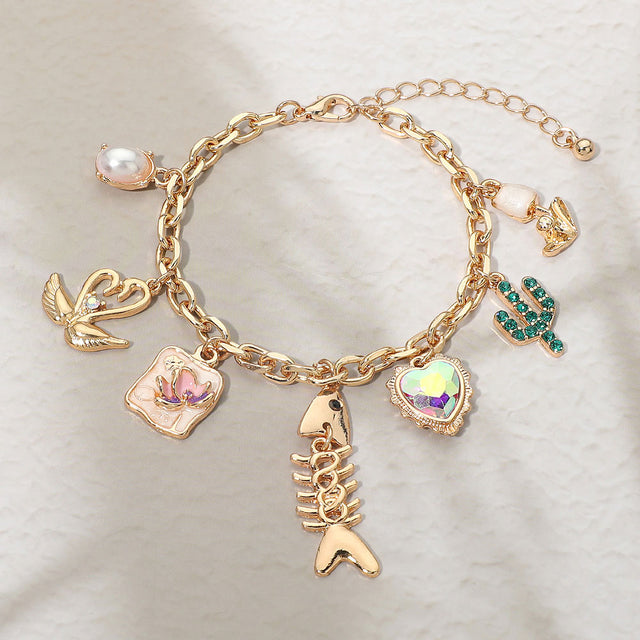 Madeline Love Gold Fishbone Heart Cactus Pearl Flower Charm Station Bracelet - Bracelets