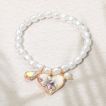 Madeline Love Cream, Gold Heart Teardrop Stone Charm Pearl Beaded Stretch Bracelet - Bracelets