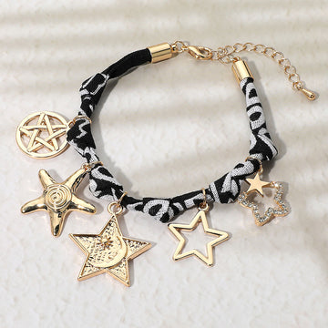 Madeline Love Black, Gold Star Charm Embellished Scarf Fabric Chain Bracelet - Bracelets