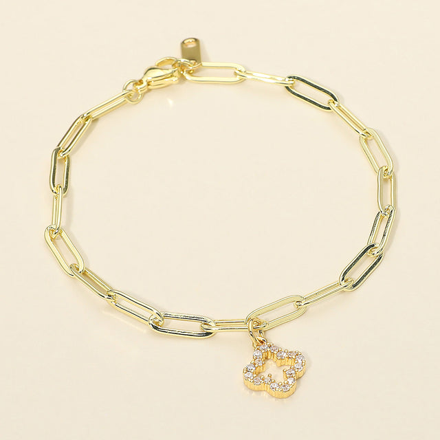 Madeline Love Clear, Gold Stainless Steel Rhinestone Pave Open Quatrefoil Charm Paperclip Chain Link Bracelet