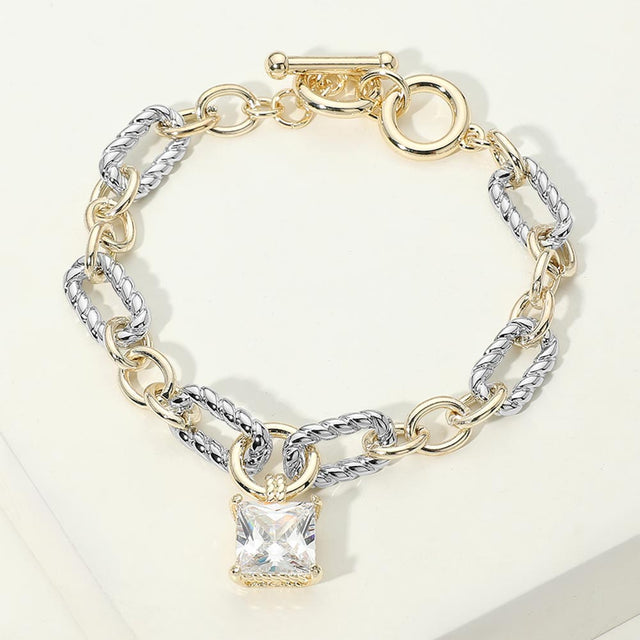 Madeline Love Clear, Two Tone 14K Gold Plated Two Tone Square CZ Stone Charm Mixed Link Toggle Bracelet
