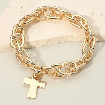 Madeline Love Gold Metal Cross Charm Chunky Chain Link Stretch Bracelet - Bracelets