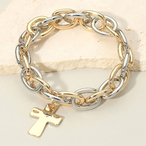 Women's Metal Cross Charm Chunky Chain Link Stretch Bracelet - Gold, Rhodium