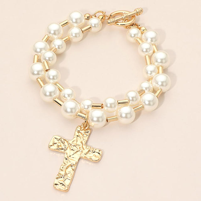 Madeline Love Cream, Gold Hammered Metal Cross Charm Layered Pearl Beaded Toggle Bracelet