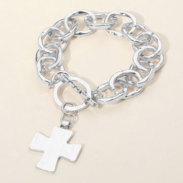 Madeline Love Rhodium Hammered Metal Cross Charm Chunky Chain Toggle Bracelet - Bracelets