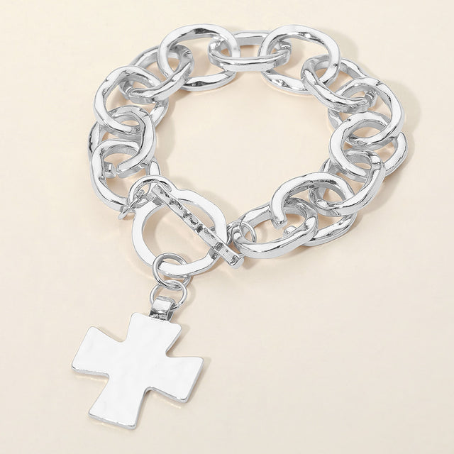 Madeline Love Rhodium Hammered Metal Cross Charm Chunky Chain Toggle Bracelet - Bracelets
