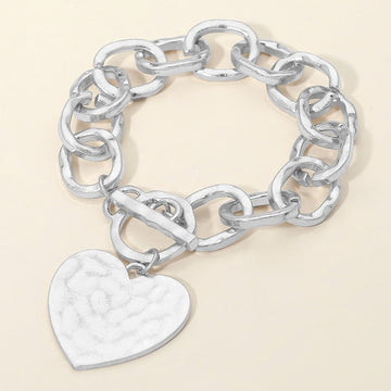 Madeline Love Worn Silver Hammered Metal Heart Charm Chunky Chain Toggle Bracelet - Bracelets