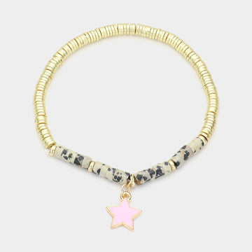 Madeline Love Black, Neutral Enamel Star Charm Natural Stone Stretch Bracelet - Bracelets