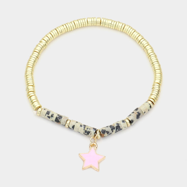 Madeline Love Black, Neutral Enamel Star Charm Natural Stone Stretch Bracelet - Bracelets