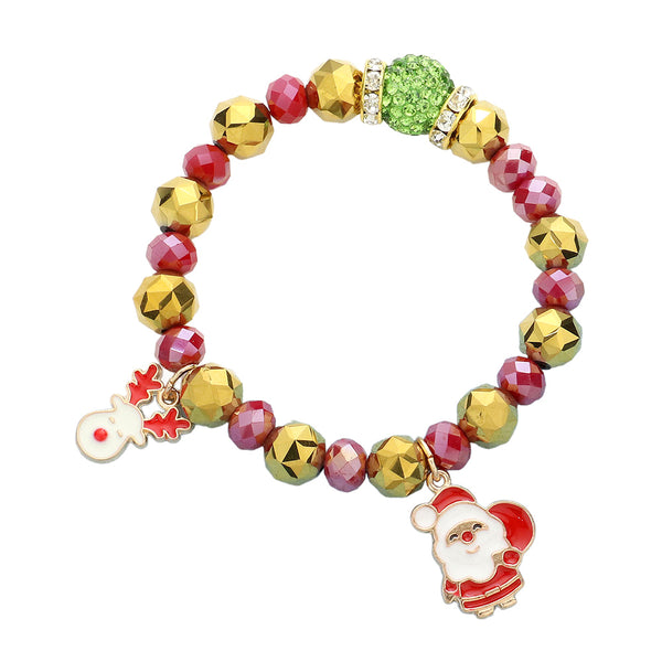 Gold, Rudolph Santa Claus Charm Faceted Beaded Stretch Bracelet
