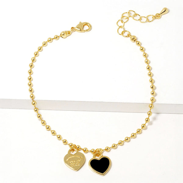 Double Heart Charm Bubble Chain Bracelet