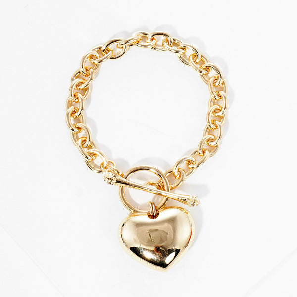 Gold Dipped Metal Heart Charm Toggle Bracelet