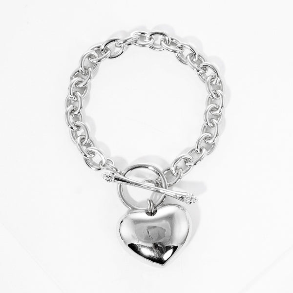 White Gold Dipped Metal Heart Charm Toggle Bracelet