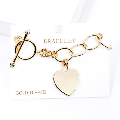Gold Dipped Metal Heart Lock Charm Toggle Bracelet - Gold