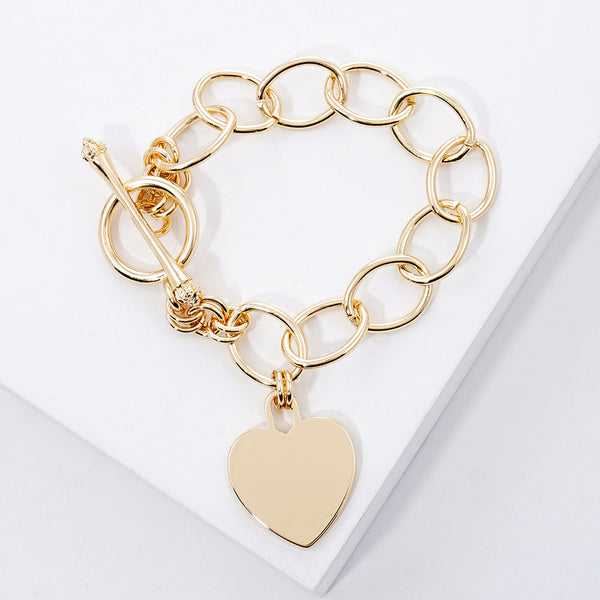 Gold Dipped Metal Heart Lock Charm Toggle Bracelet