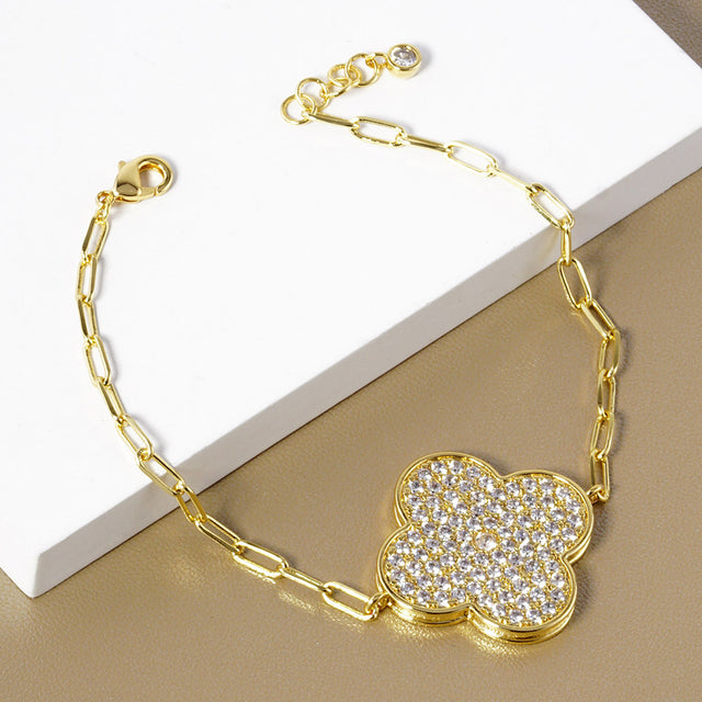 Madeline Love Clear, Gold Gold Dipped Stone Paved Quatrefoil Charm Pointed Paperclip Chain Bracelet