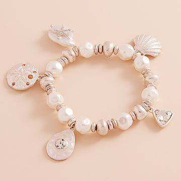 Madeline Love Matte Silver Metal Shell Sand Dollar Pearl Starfish Charm Pearl Beaded Stretch Bracelet - Bracelets