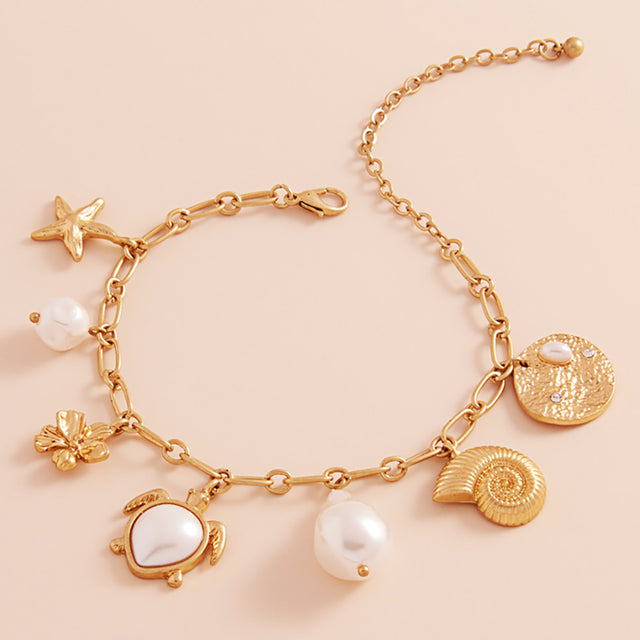 Matte gold Pearl Turtle Starfish Shell Flower Charm Station Paperclip Chain Bracelet