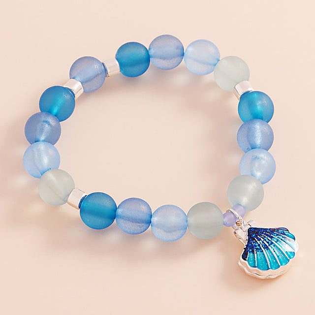 Blue Enamel Seashell Locket Charm Beaded Stretch Bracelet