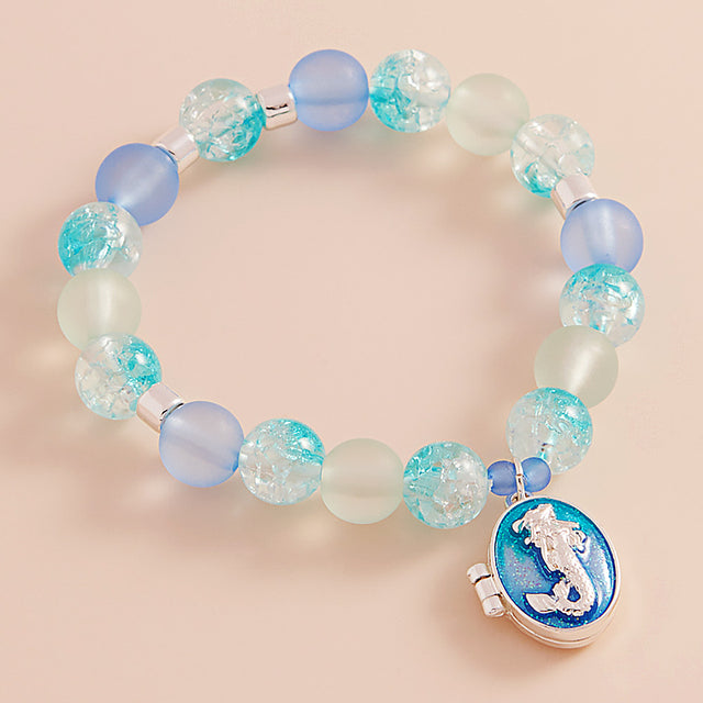 Turquoise Enamel Oval Mermaid Locket Charm Beaded Stretch Bracelet