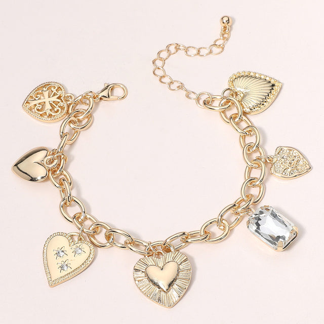 Madeline Love Clear, Gold Metal Heart Cross Stone Charm Station Bracelet - Bracelets