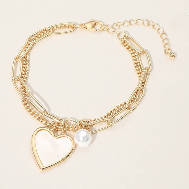 Madeline Love Gold Heart Pearl Charm Paperclip Curb Layered Chain Bracelet - Bracelets