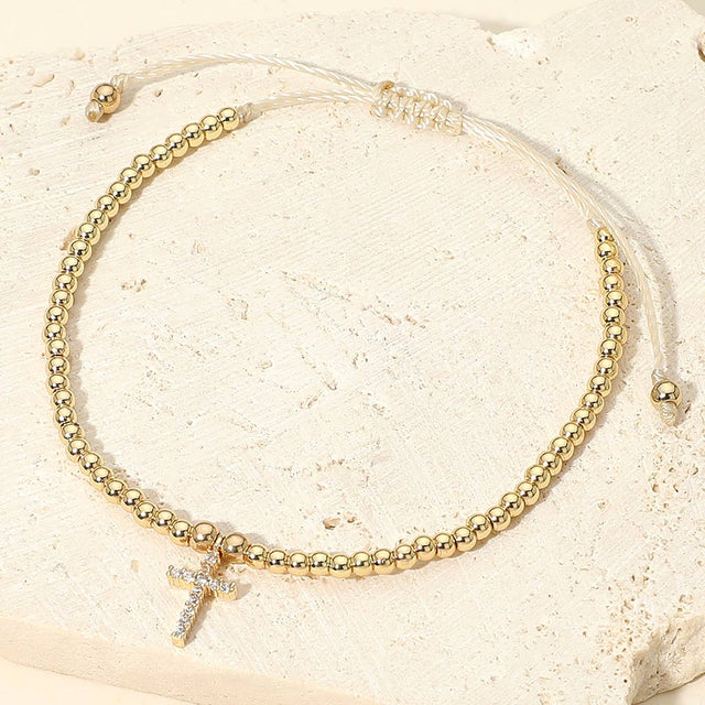 Madeline Love Clear, Gold CZ Cross Charm Beaded Adjustable Cinch Pull Tie Bracelet