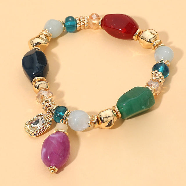 Madeline Love Gold, Multi Faceted Stone Charm Beaded Stretch Bracelet