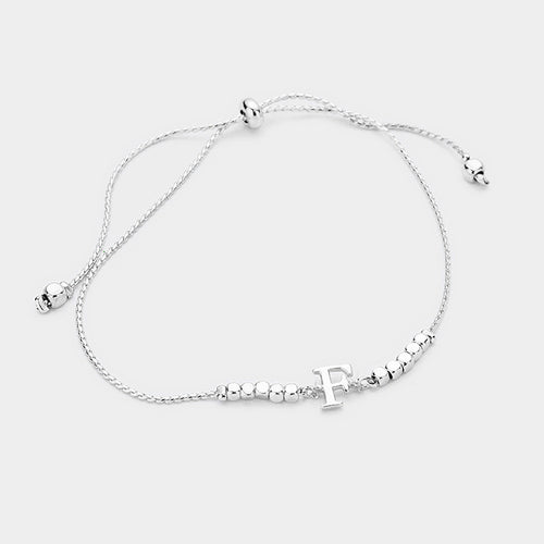 -F- Metal Cube Beaded Initial Monogram Charm Cinch Bracelet - Rhodium