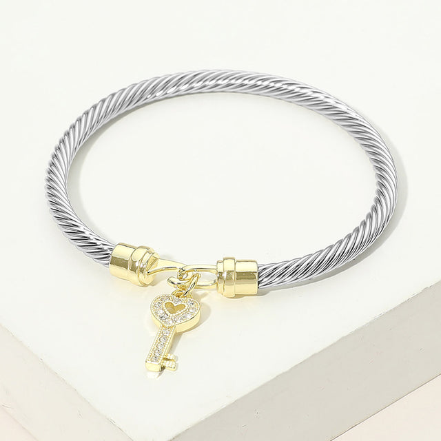 Madeline Love Two Tone Two Tone CZ Pave Key Charm Cable Bangle Bracelet - Bracelets