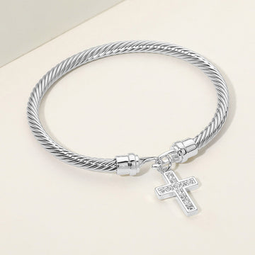 Madeline Love Silver Rhodium Plated CZ Pave Cross Charm Cable Bangle Bracelet - Bracelets