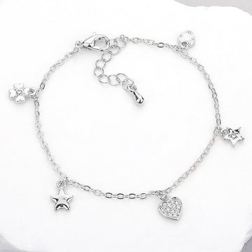 Madeline Love Clear, Silver Stone Paved Clover Heart Star Charm Station Bracelet - Bracelets